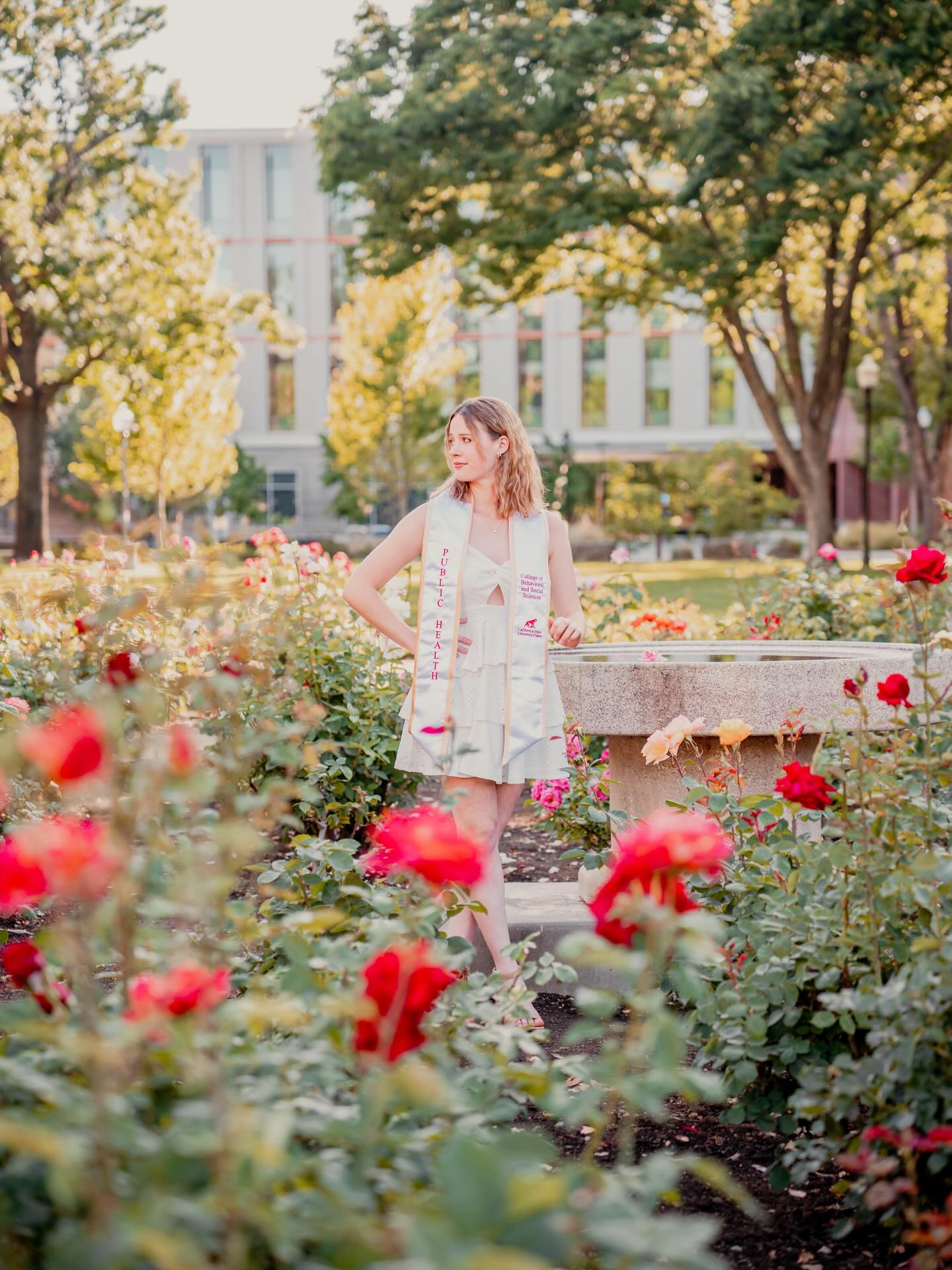 Graduate in a white dress standing among red rose bushes on the Chico State campus